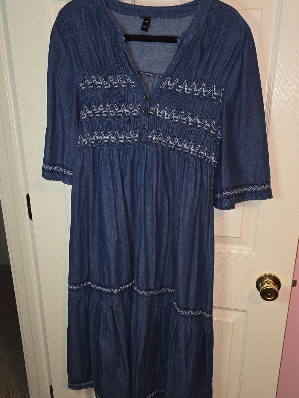 Denim-Effect Indigo Midi Dress with White Embroidered Trim